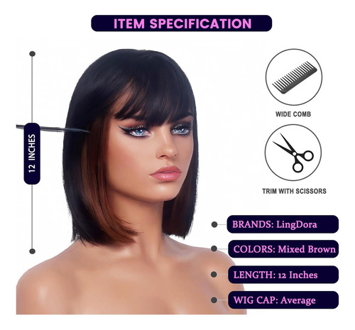 Peluca de mujer Queentas MZFP14424 de 31 cm con flequillo negro castaña M