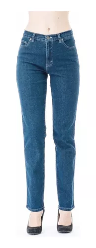 Jeans De Mezclilla Azul De Cintura Alta Y Corte Recto Para Mujer