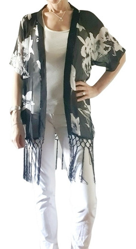 Kimono / Chaleco De Gasa Estampado Con Flecos Tipo Macramé
