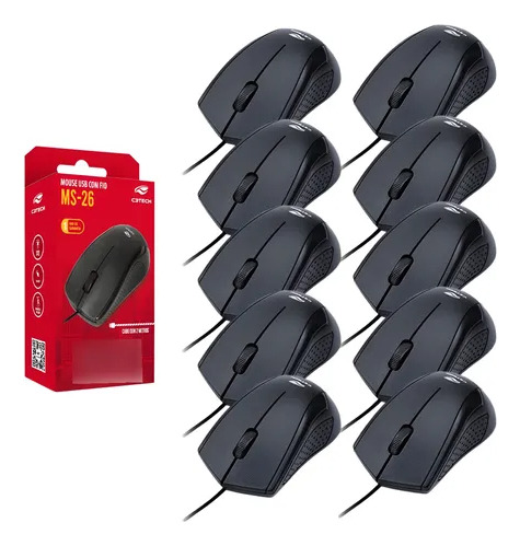 Mouse Usb Preto Com Fio Ms-26bk C3tech Kit 10 Atacado Fio 2m Preto