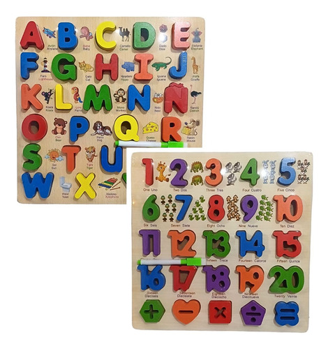 Rompecabeza En Madera Encaje Pack X 2 Letras Y Numeros Niños