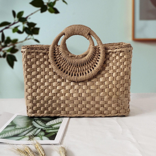 Bolso De Hombro De Paja De Moda Bolso Tejido Señora Caqui