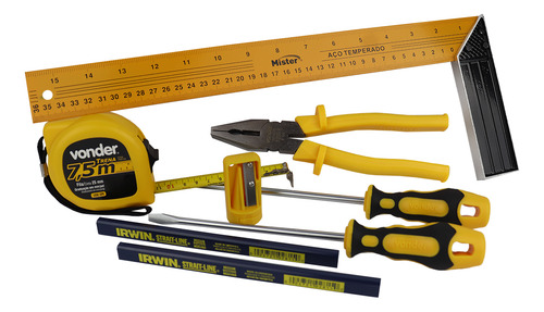 Kit Ferramentas 8 Peças Carpinteiro C/ Lápis Esquadro Trena