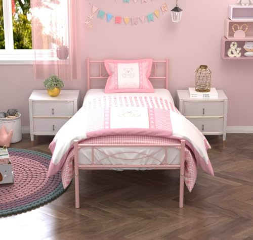 Cama Rosa Twin Sin Somier, Con Cabecera