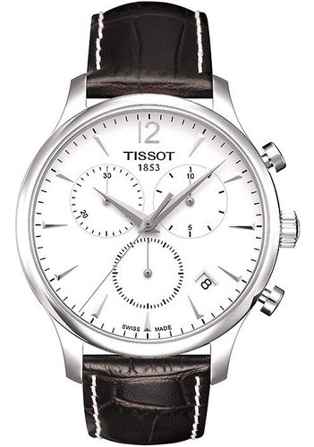 Reloj Tissot Tradition T063.617.16.037.00, correa de piel blanca, color marrón, bisel, color plateado