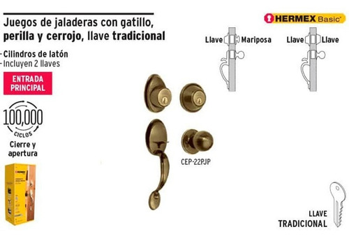 Imagen 2 de 3 de Cerradura, Latón Antiguo, Mariposa, Pomo, Hermex 23673