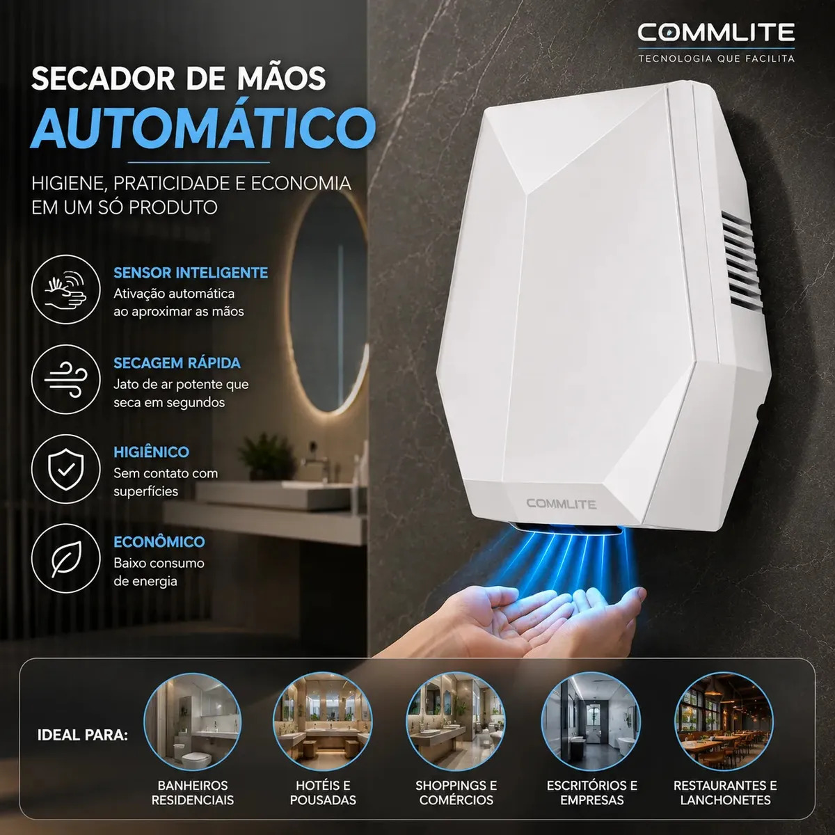 Secador De Mãos Com Sensor Automático Secador De Mão 110v Secador De Mãos Automático Para Banheiros Elétrico Para Banheiro Uso Domestico Hotéis E Banheiros Fino Acabamento Branco C