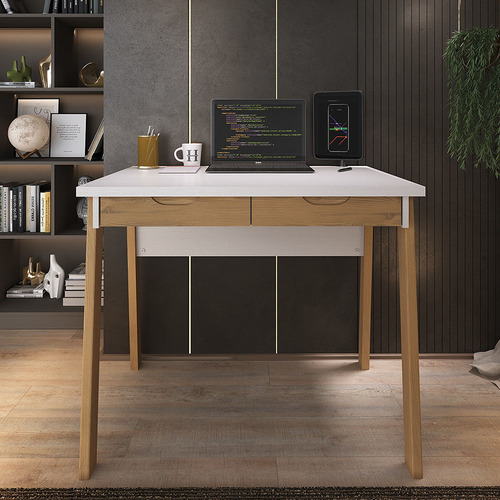 Imagen 4 de 4 de Escritorio La Cueva Muebles 2 cajones Linea Veneza mdp, madera maciza de 90cm x 76cm x 60cm blanco y miel