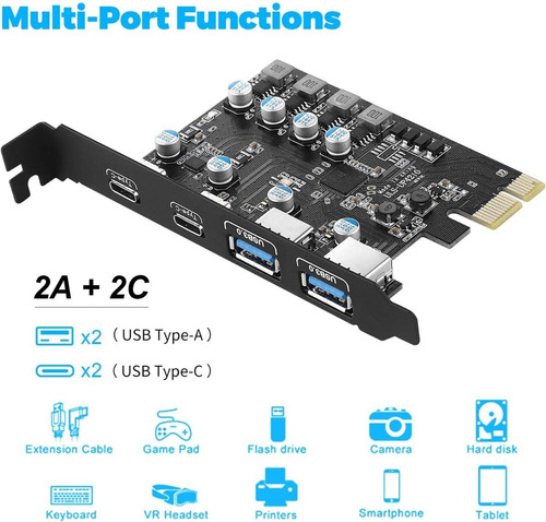 Tarjeta Pci-e Express X8-x4-x1 2 Puerto Usb-c + 2 Usb 3.0