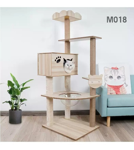 Imagen 6 de 6 de Rascador Gatos Tipo Torre 158 Cm Madera Casa Terciopelo