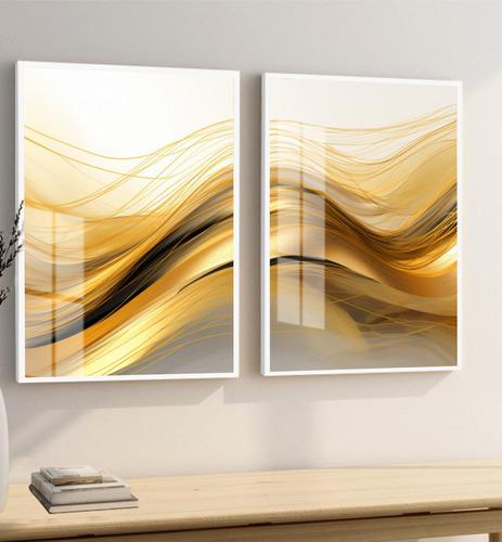 Kit 2 Quadros Decorativos Abstrato Faixa Dourada Com Vidro