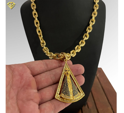 Corrente Cadeado 14mm + Pulseira + Ping Santa Banhado A Ouro
