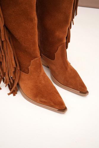 Botas Texanas Mujer Caña Alta Cuero Gamuza 100% Flecos Berna