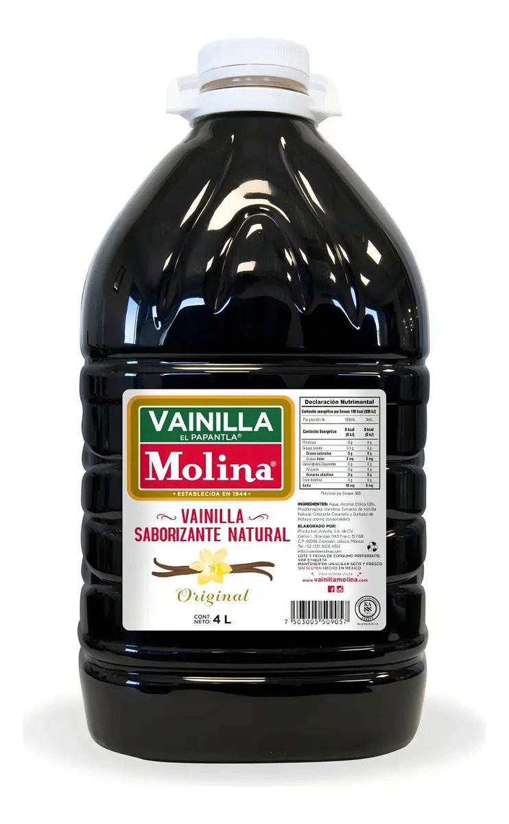 Vainilla Molina Natural Original Presentación De 4 Litros / 1 Galón | Vainilla Líquida Sin Azúcar | Certificación Kosher Ideal Para Repostería, Postres Y Bebidas