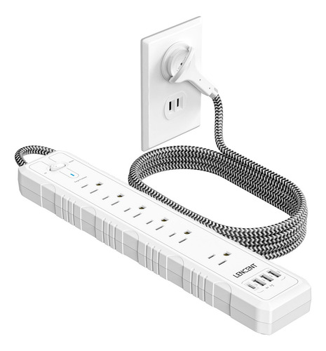 LENCENT Multicontacto Regleta Eléctrica con Protección Contra Sobretensión 1050J,6 Salidas, 3 USB y 1 Tipo C,45° Enchufe Plano Extensión Pared para Hogar Oficina Dorm