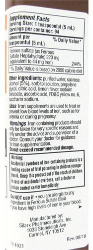 Ferrous Sulfate Elixir Botella De 220 Mg/5 Ml Paquete De 4