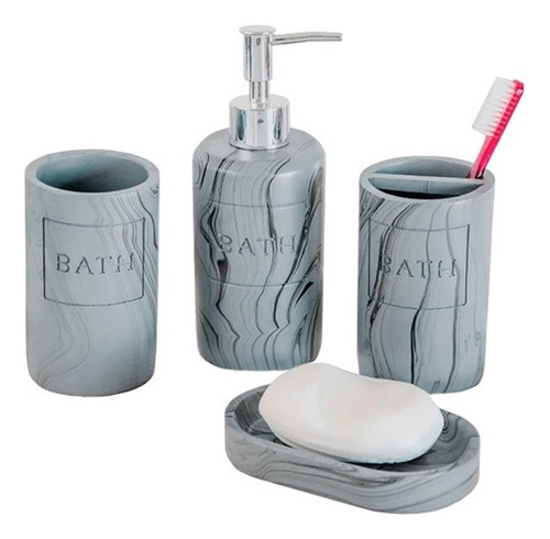 Set Baño 4 Piezas Bath Gris Símil Mármol Dispenser Jabonera