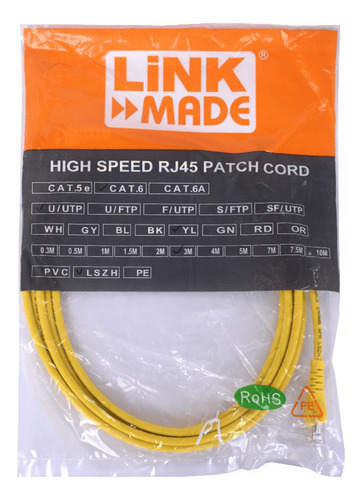 Linkmade 3mt Cat6 Amarillo Lszh Cable Patch Inyectado Multif