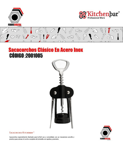 Imagen 2 de 4 de Sacacorcho Clasico En Acero Inoxidable
