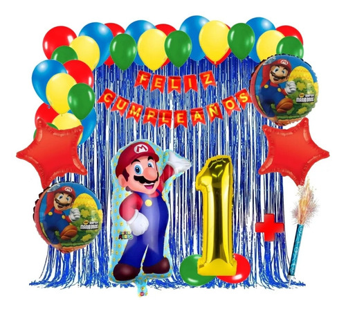 Kit Decoracion Juego Mario Bros Cumpleaños Rojo Azul Verde