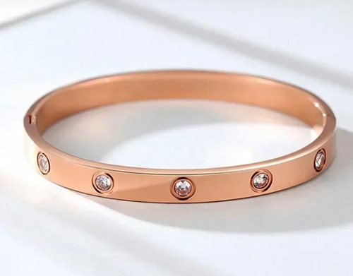 Pulsera Esclava Brazalete Acero Corazon Piedra Rose Gold