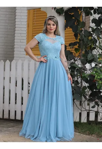 Vestido de renda longo azul sale tiffany