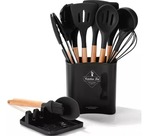 Set De 13 Utensilios De Silicona, Cucharones, Espatula Negro