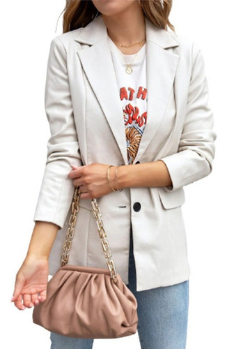 Blazer De Cuero Con Bolsillos De Color Sólido Para Mujer