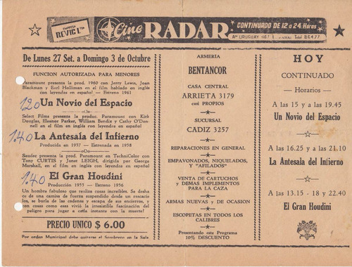 Antiguo Programa Cine Sala Radar Montevideo Avenida Uruguay