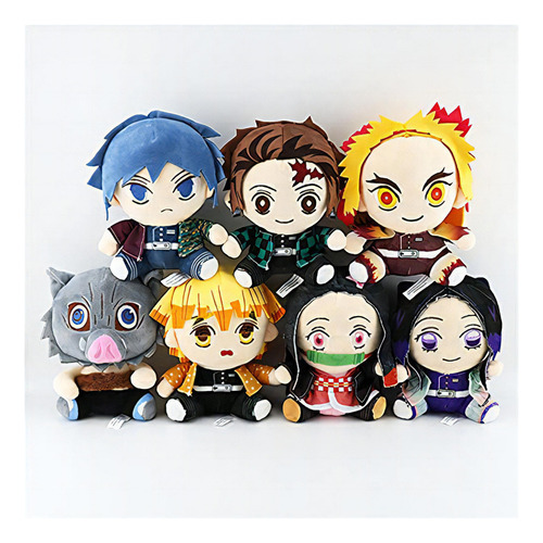 Tanjiro Nezuko Zenitsu sentada com lindas bonecas de pelúcia Ju