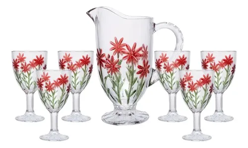 Conjunto Jarra Com 6 Tacas Red Flower 13l320ml Cristal Wolff