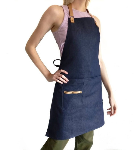 Imagen 2 de 5 de Delantal Jean Y Cuero Genuino Cocina Barman Barbería Unisex