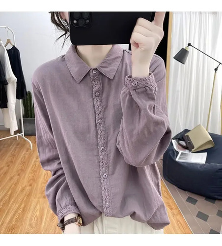 Camisa De Manga Larga Con Encaje Y Algodón Para Mujer