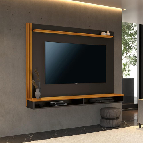 Painel Davos Com 2 Nichos Preto Cedro 777200 Edn Cor Preto/Cedro