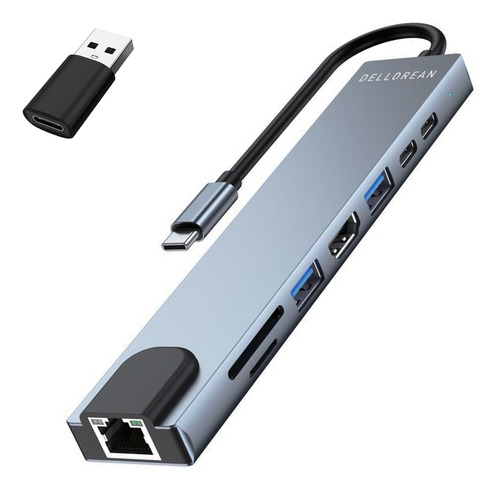 Adaptador Usb C Hub 8-en-1 Dellorean Macbook Pro Hdmi 4k Lan Color Gris