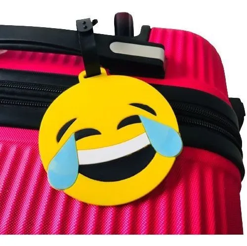 Etiqueta de maleta con forma de emoticono facial con lágrimas de alegría