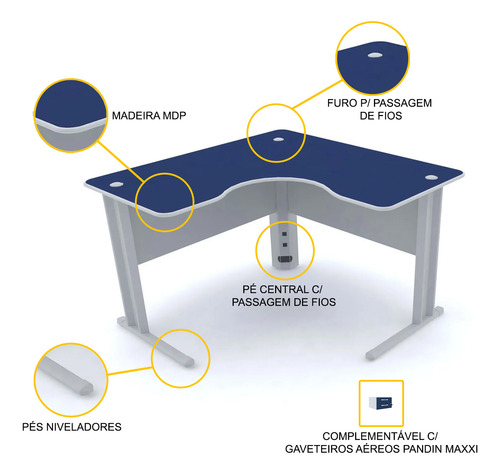 Mesa Em L P/ Escritório 120x120 Pandin Maxxi - Azul/cinza Azul/cinza