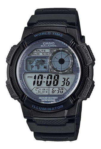 Reloj pulsera Casio Youth Series AE-1000 de cuerpo color negro, digital, para hombre, fondo gris, con correa de resina color negro, dial negro, subesferas color azul y gris, minutero/segundero negro, bisel color negro, luz ámbar y hebilla simple