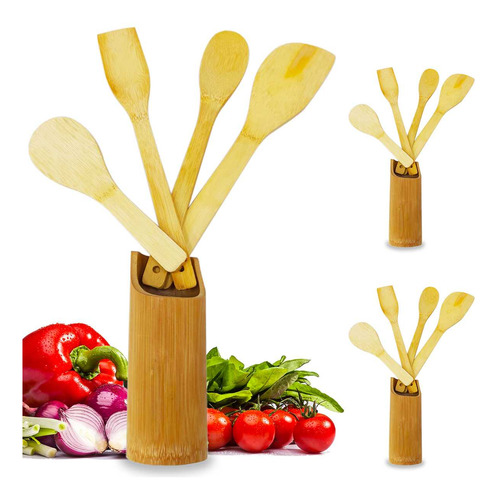 Kit 3 Conjunto Culinário 5pçs Em Bambu Utensílios De Cozinha