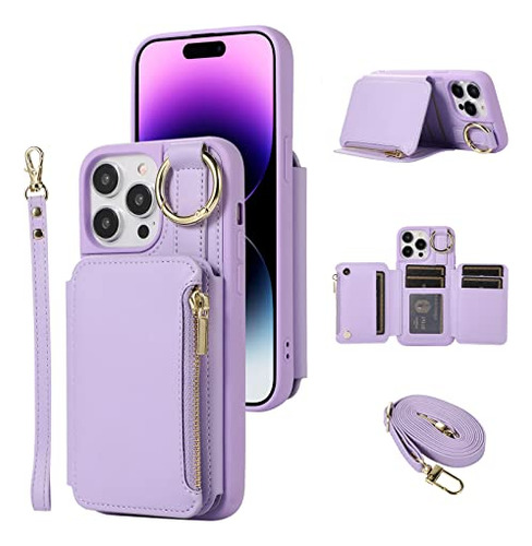 Funda Cartera Para iPhone 15 Pro Morado 6.1 PuLG Piel Sin-11