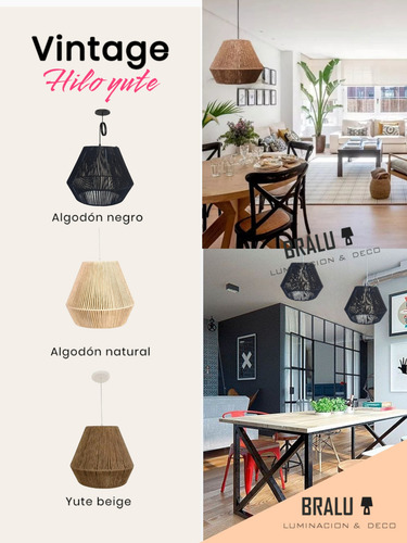 Lámpara Colgante Vintage Hilo Yute 1 Luz Algodon Natural