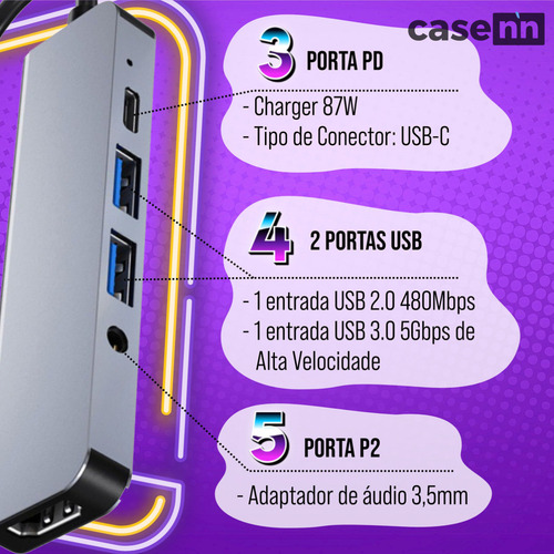 Hub Adaptador Tipo C Usb 3.0 Audio P2 Hdmi 4k 5 Em 1 Multiportas P/ Macbook Air Pro M Pc Smartphone Notebook Para Android Com Modo Dex Casenn