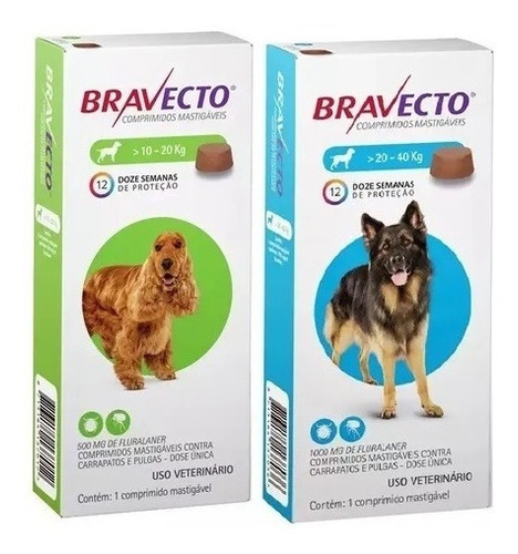 Kit Bravecto 10 A 20 Kg E 20 A 40 Kg Para Carrapatos Cães 