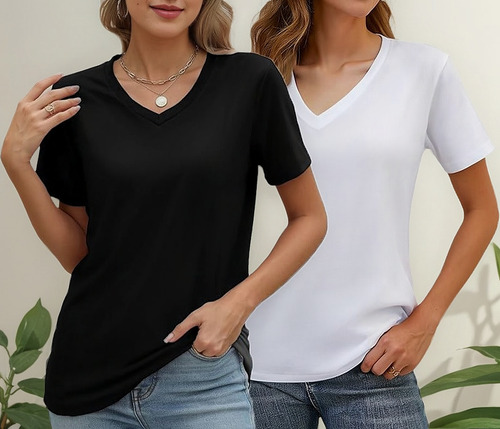 2pk Algodón Camiseta Manga Corta Con Cuello En V Para Mujer