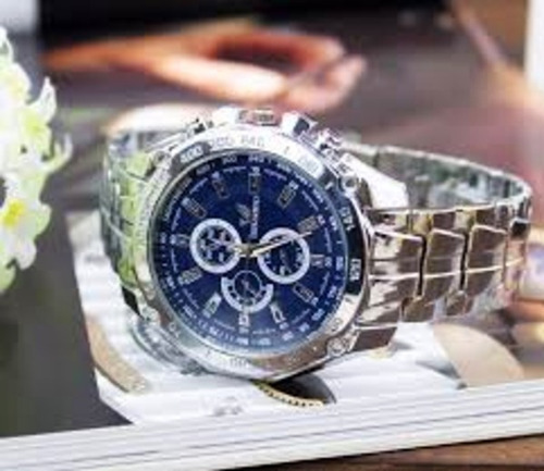 Relógio Quartz Masculino Aço Cromado Fundo Azul M/ Orlando