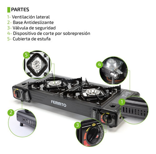 Imagen 8 de 12 de Anafe Portatil 2 Hornallas Quemadores Camping Adaptador Dual