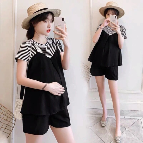 L - 2023 Summer Maternity Stripe Tee Belly Support Shorts