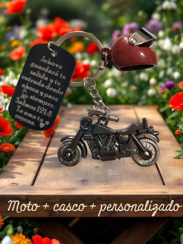 Llavero Metálico, Moto +casco +personalizado Por Ambos Lados Metálica Con Casco Rojo