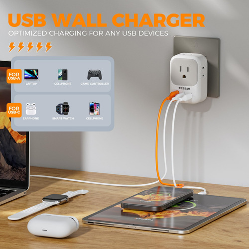 Cargador De Pared Usb, Divisor De Salida Tessan Con Extensor