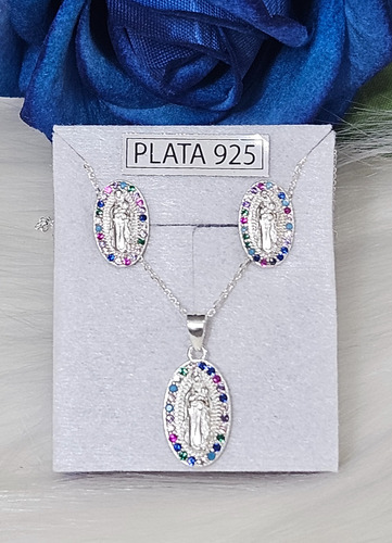 Conjunto De Dije + Aros Virgen De Guadalupe En Plata 925 Plateado Y Multicolor